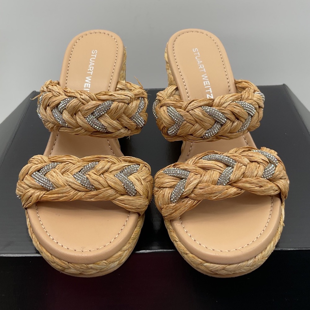 Stuart Weitzman Braided Raffia Crystal Wedge Sandals Natural Tan Women Size 8 - Picture 8 of 14